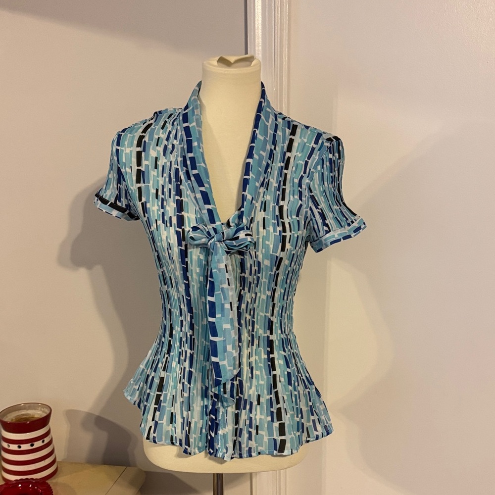 Worthington Blue Mosaic Tie-Neck Peplum Blouse